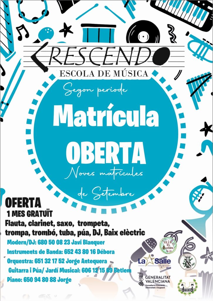 Tota la informació relativa a Escola Musical Crescendo en Alcoy (Alacant). Tlf: 650 948 088. En la nostra web escolacrescendo.es WhatsApp Image 2024 08 28 at 09.51.15 1 2on periode de matriculació oberta Curs 24-25