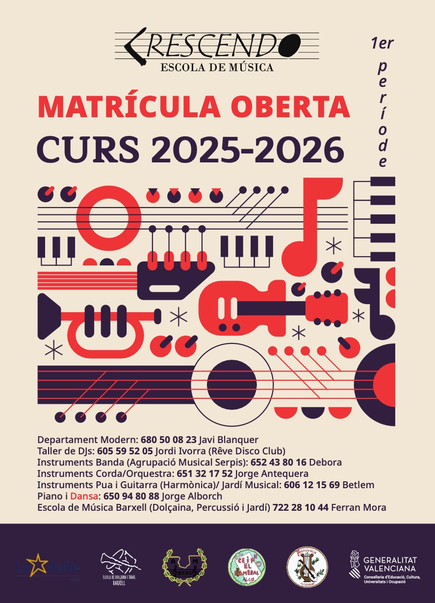 Tota la informació relativa a Escola Musical Crescendo en Alcoi (Alacant). Tlf: 650 948 088. En la nostra web escolacrescendo.es matricula escola musica crescendo alcoi 1er periode de matriculació oberta 2025-2026