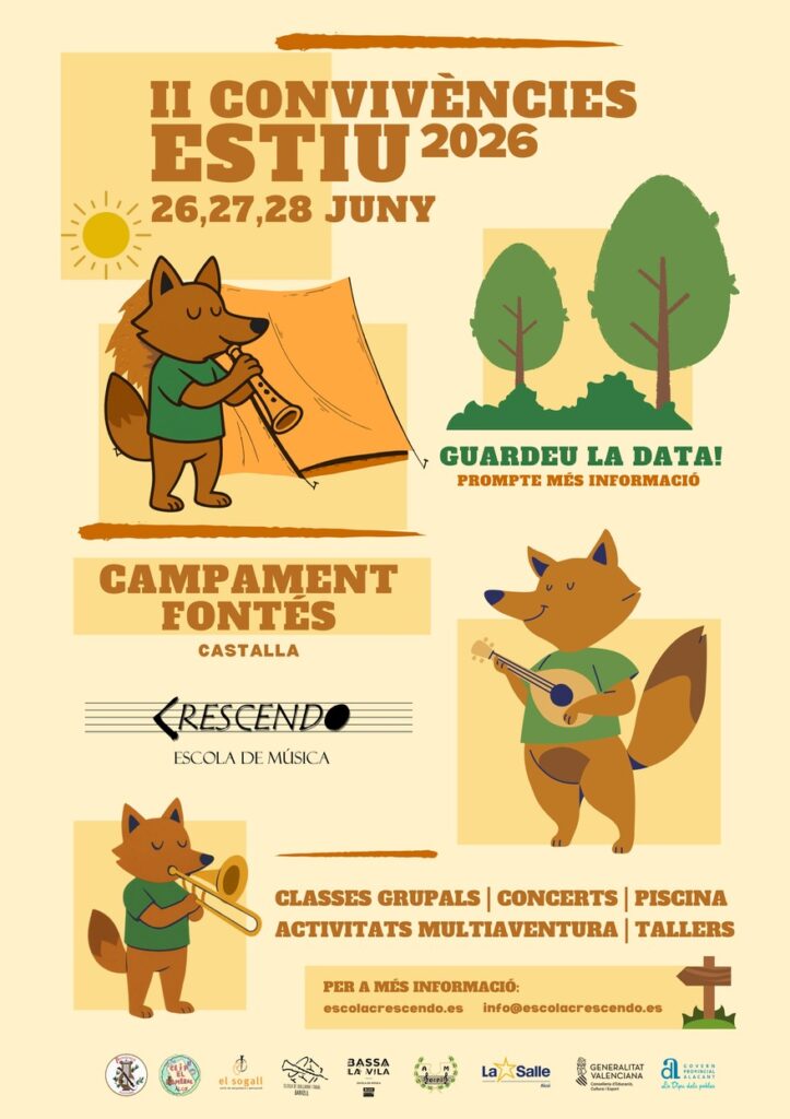 II Convivències d’Estiu Crescendo 2026 1 Tota la informació relativa a Escola Musical Crescendo en Alcoi (Alacant). Tlf: 650 948 088. En la nostra web escolacrescendo.es escola crescendo alcoi II Convivències d’Estiu Crescendo 2026