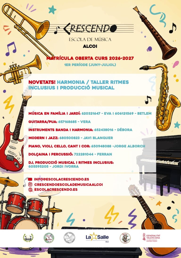 Tota la informació relativa a Escola Musical Crescendo en Alcoi (Alacant). Tlf: 650 948 088. En la nostra web escolacrescendo.es Captura de pantalla 2026 06 23 a las 8.58.51 1er periode de matriculació oberta 2026-2027